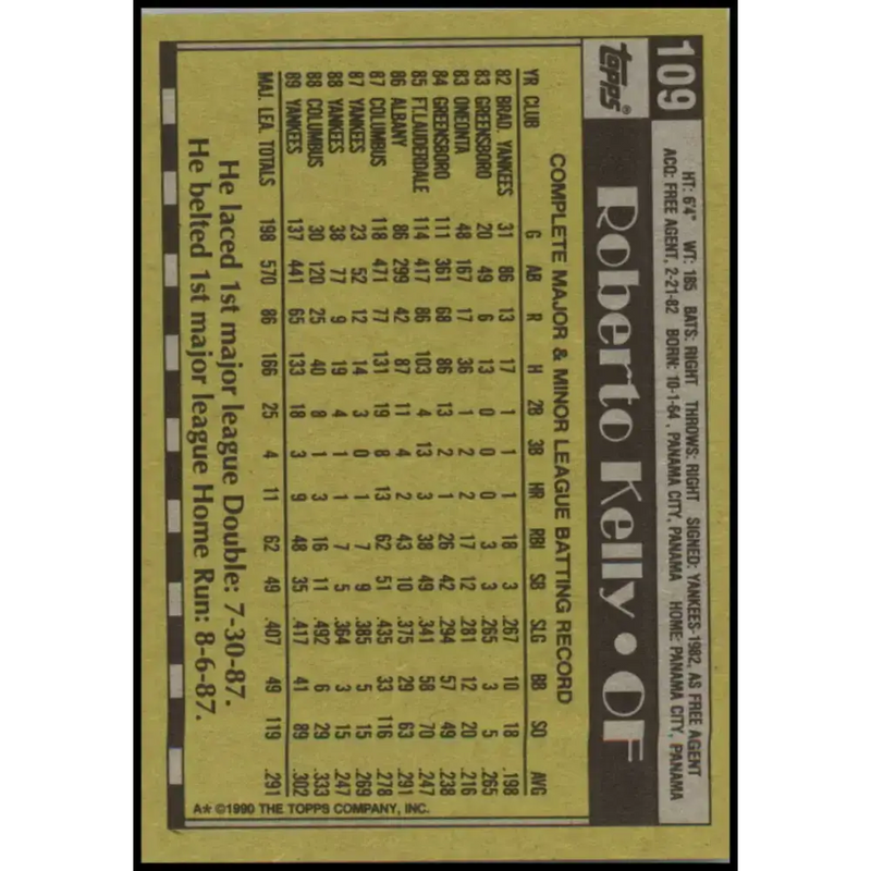 1990 Topps #109 Roberto Kelly NM-MT New York Yankees Baseball Card - Baseball Card Single