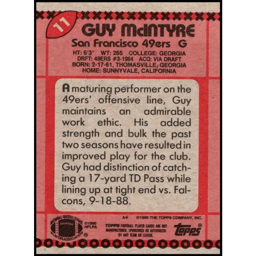 1990 Topps #11 Guy McIntyre EX Excellent San Francisco 49ers Football Card - Football Card Single