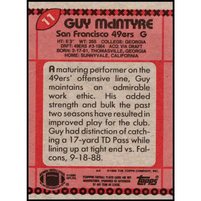 1990 Topps #11 Guy McIntyre EX Excellent San Francisco 49ers Football Card - Football Card Single