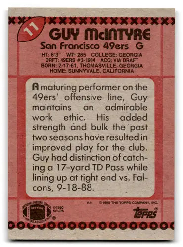 Guy McIntyre football card with original gloss from 1990 Topps mint 49ers collection