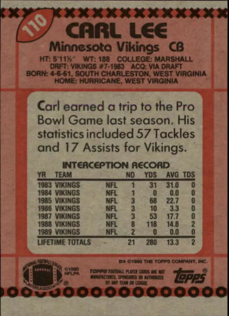 1990 Topps #110 Carl Lee EX Excellent Minnesota Vikings Football Card - Football Card Single