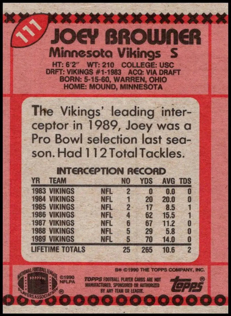 1990 Topps #111 Joey Browner EX Excellent Minnesota Vikings Football Card - Football Card Single