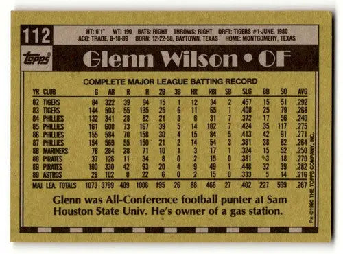 Original gloss Glenn Wilson Houston Astros baseball card from 1990 Topps #112