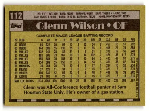 1990 Topps #112 Glenn Wilson Houston Astros Baseball Cards EX/NM ID:53772 - Baseball Card Single