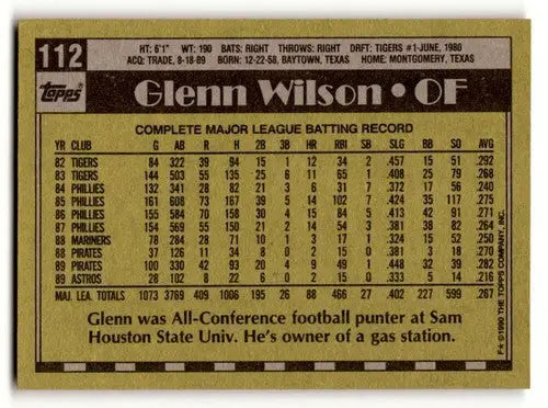 Vintage Glenn Wilson Houston Astros baseball card from 1990 Topps #112