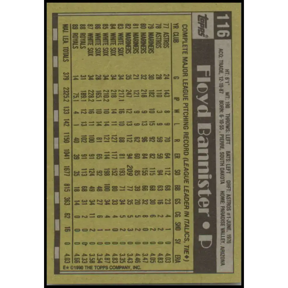 1990 Topps #116 Floyd Bannister NM-MT Kansas City Royals Baseball Card - Baseball Card Single