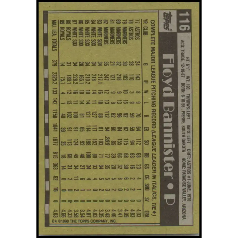 1990 Topps #116 Floyd Bannister NM-MT Kansas City Royals Baseball Card - Baseball Card Single