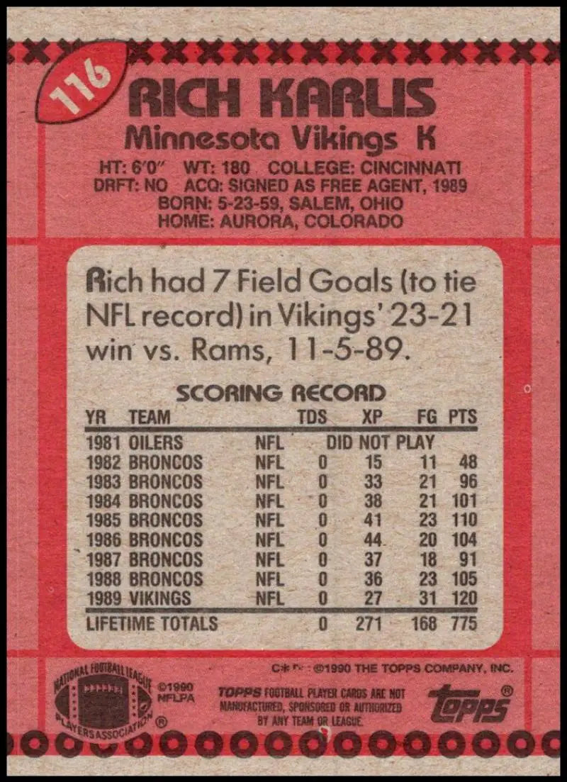 1990 Topps #116 Rich Karlis EX Excellent Minnesota Vikings Football Card - Football Card Single
