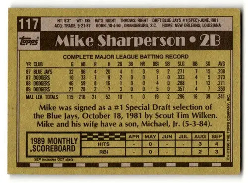 Original gloss Mike Sharperson Los Angeles Dodgers baseball card from 1990 Topps #117