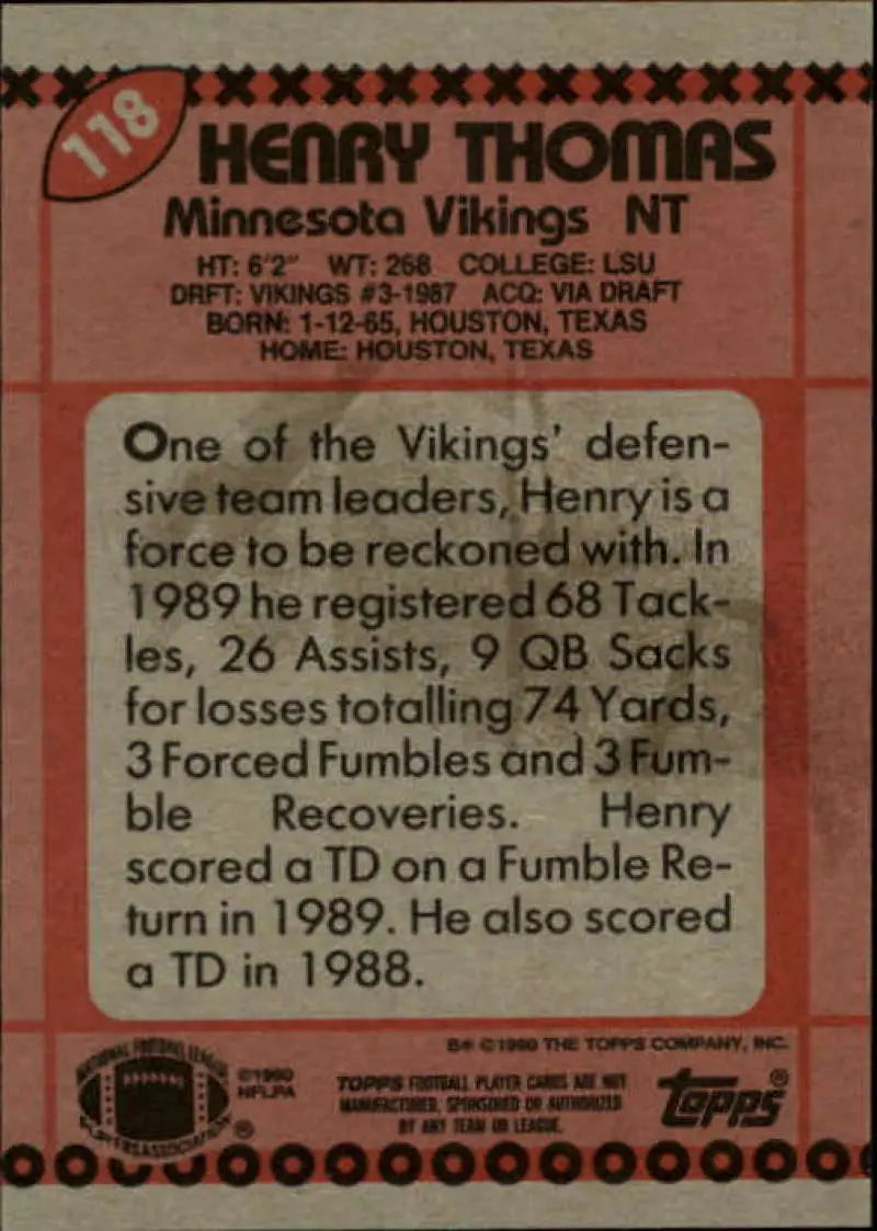 1990 Topps #118 Henry Thomas EX Excellent Minnesota Vikings Football Card - Football Card Single