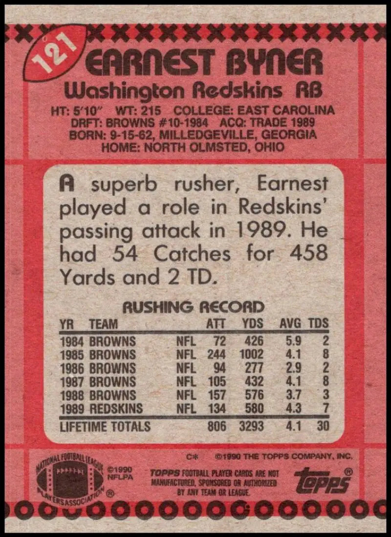 1990 Topps #121 Earnest Byner EX Excellent Washington Redskins Football Card - Football Card Single