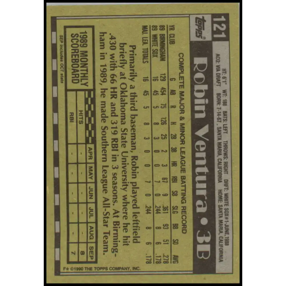 1990 Topps #121 Robin Ventura NM-MT Chicago White Sox Baseball Card - Baseball Card Single