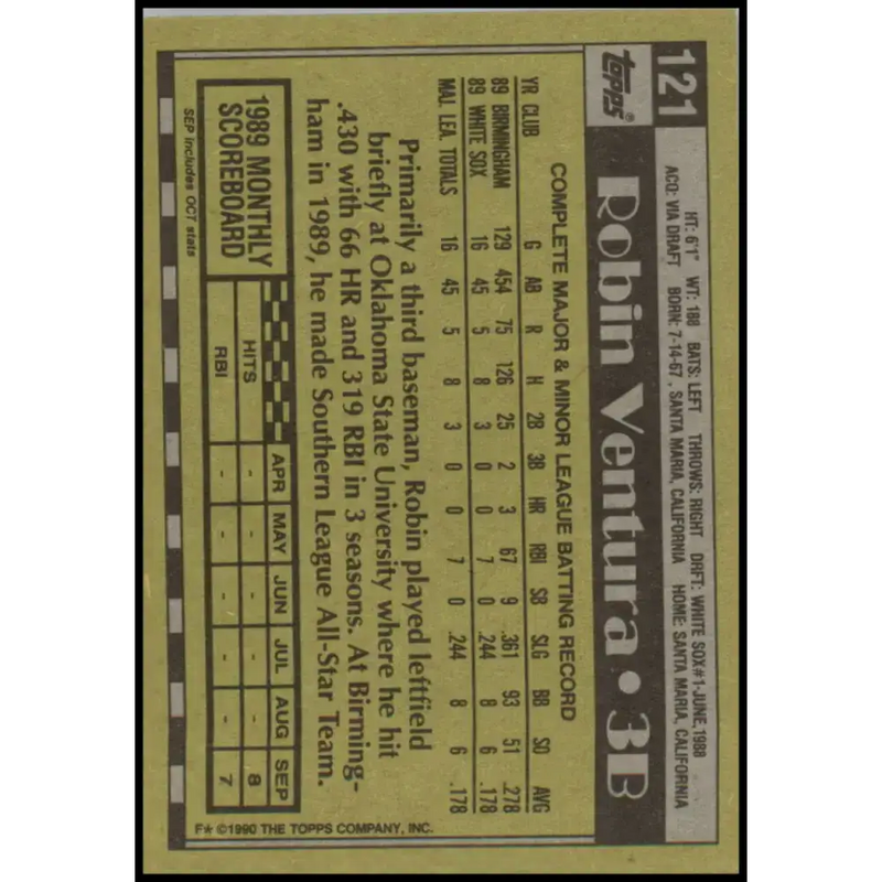 1990 Topps #121 Robin Ventura NM-MT Chicago White Sox Baseball Card - Baseball Card Single