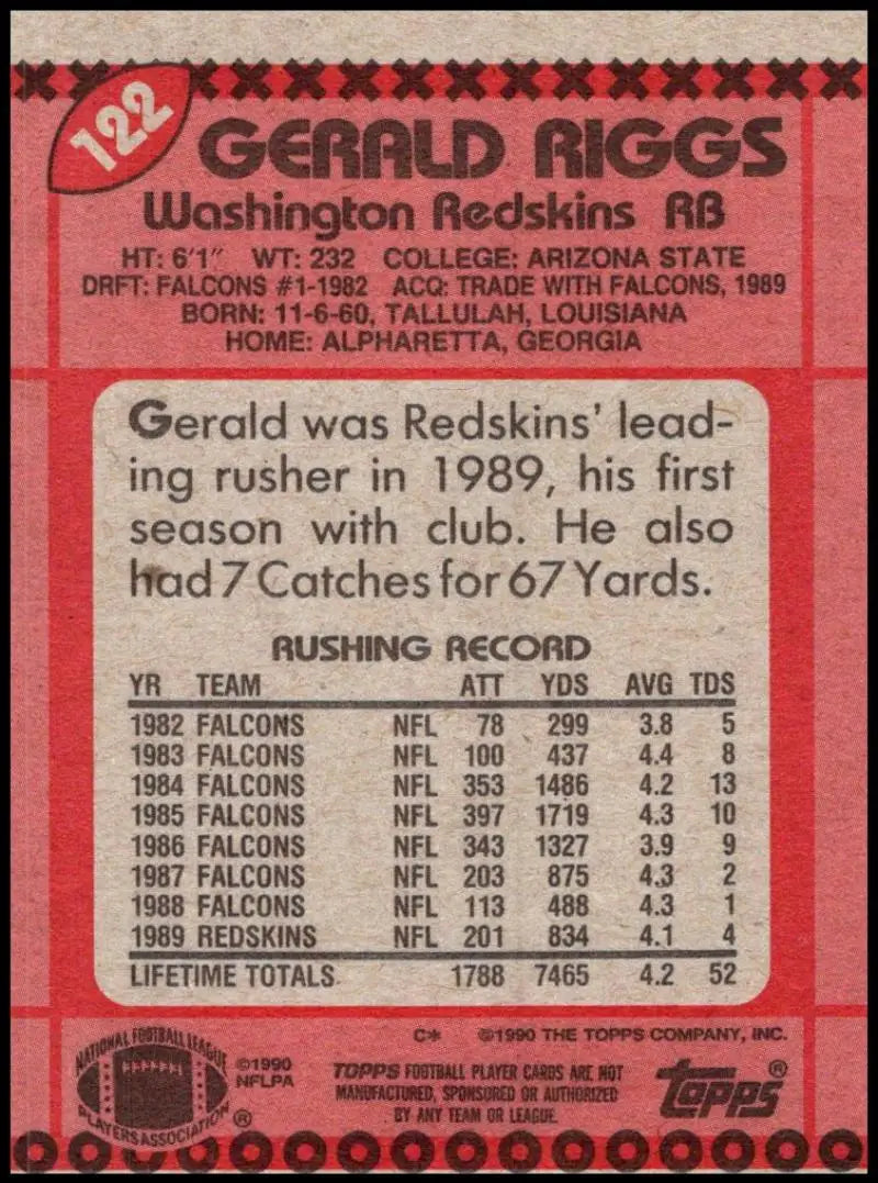 1990 Topps #122 Gerald Riggs EX Excellent Washington Redskins Football Card - Football Card Single