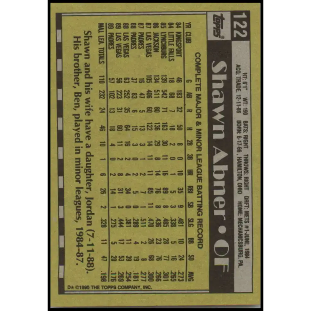 1990 Topps #122 Shawn Abner NM-MT San Diego Padres Baseball Card - Baseball Card Single