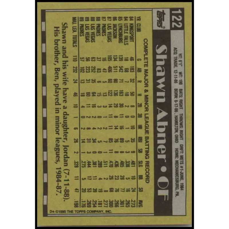 1990 Topps #122 Shawn Abner NM-MT San Diego Padres Baseball Card - Baseball Card Single