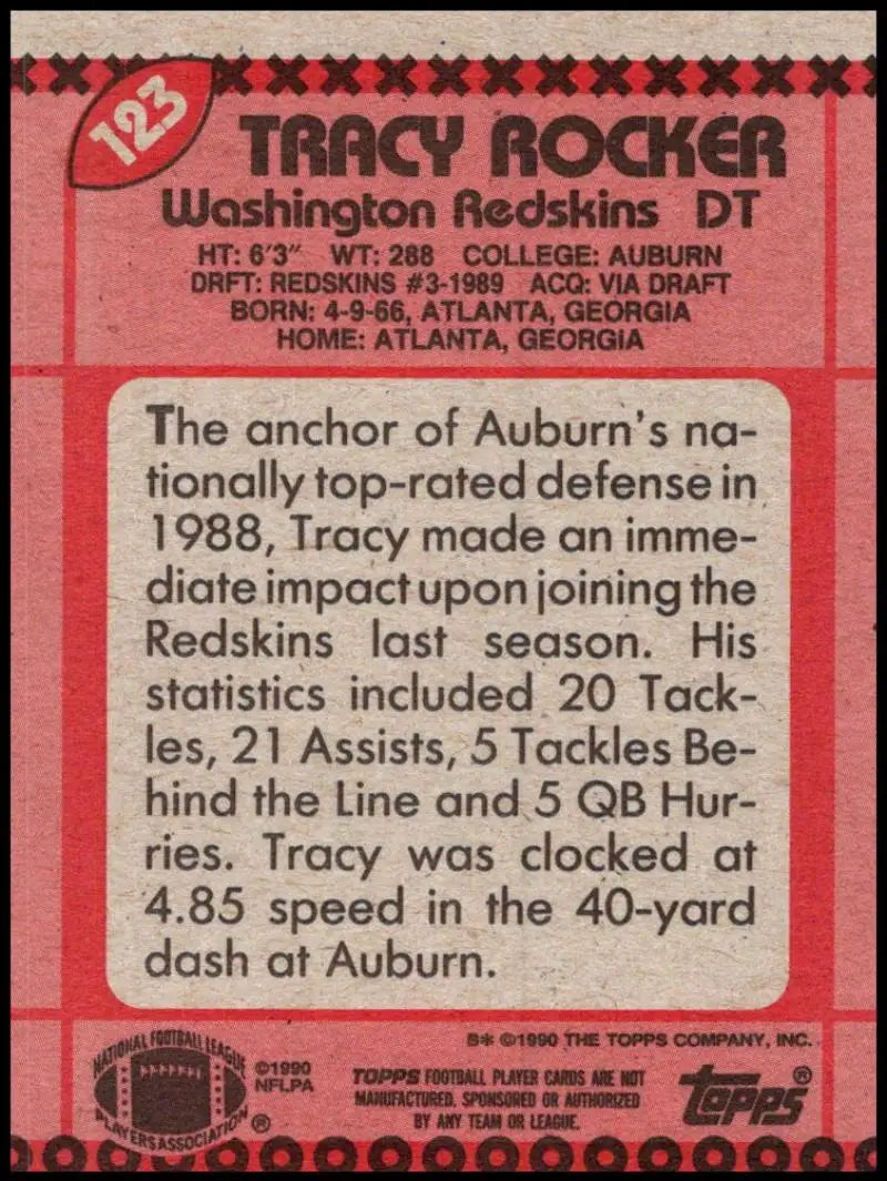 1990 Topps #123 Tracy Rocker EX Excellent Washington Redskins Football Card - Football Card Single