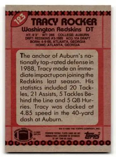 Tracy Rocker Washington Redskins football card with original gloss from 1990 Topps