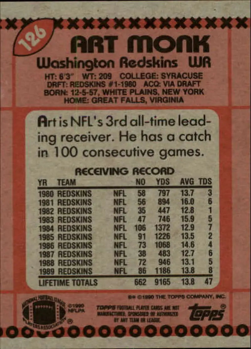 1990 Topps #126 Art Monk EX Excellent Washington Redskins Football Card - Football Card Single