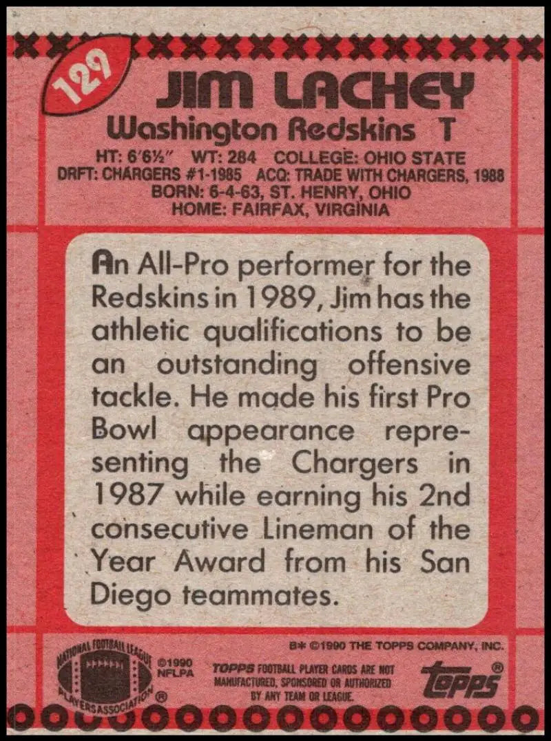 1990 Topps #129 Jim Lachey EX Excellent Washington Redskins Football Card - Football Card Single