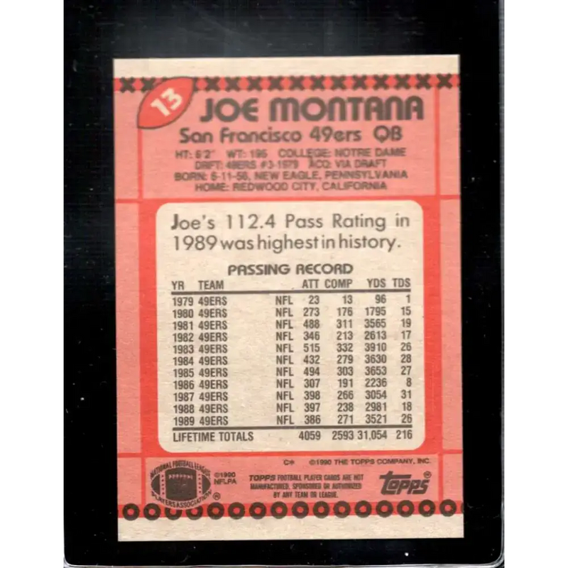 1990 Topps #13 Joe Montana EX Excellent San Francisco 49ers Football Card - Football Card Single