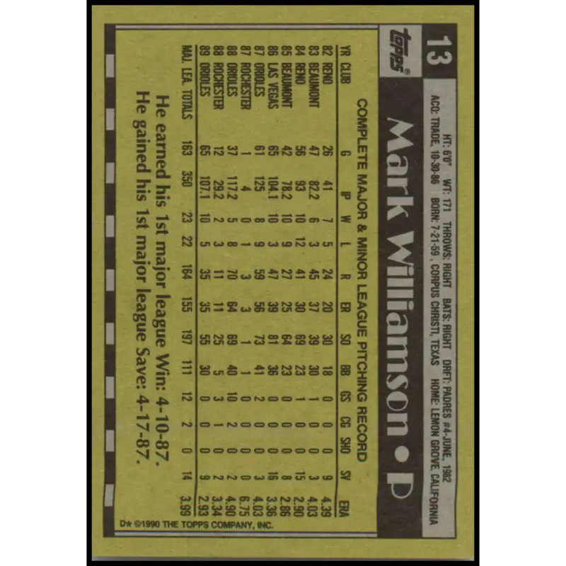 1990 Topps #13 Mark Williamson NM-MT Baltimore Orioles Baseball Card - Baseball Card Single