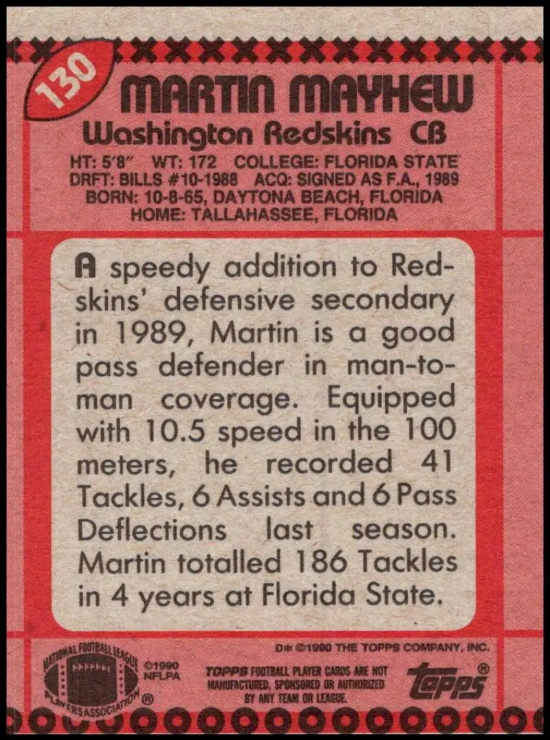 1990 Topps #130 Martin Mayhew EX Excellent RC Rookie Washington Redskins Football Card - Football Card Single