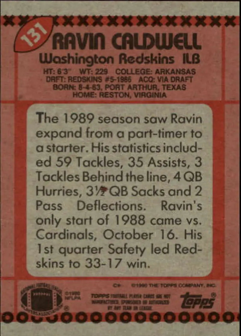 1990 Topps #131 Ravin Caldwell EX Excellent Washington Redskins Football Card - Football Card Single