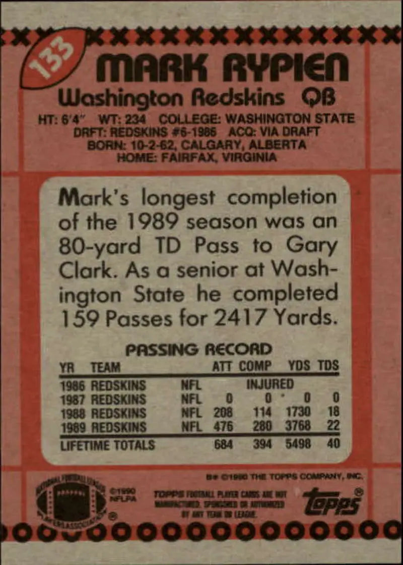 1990 Topps #133 Mark Rypien EX Excellent Washington Redskins Football Card - Football Card Single