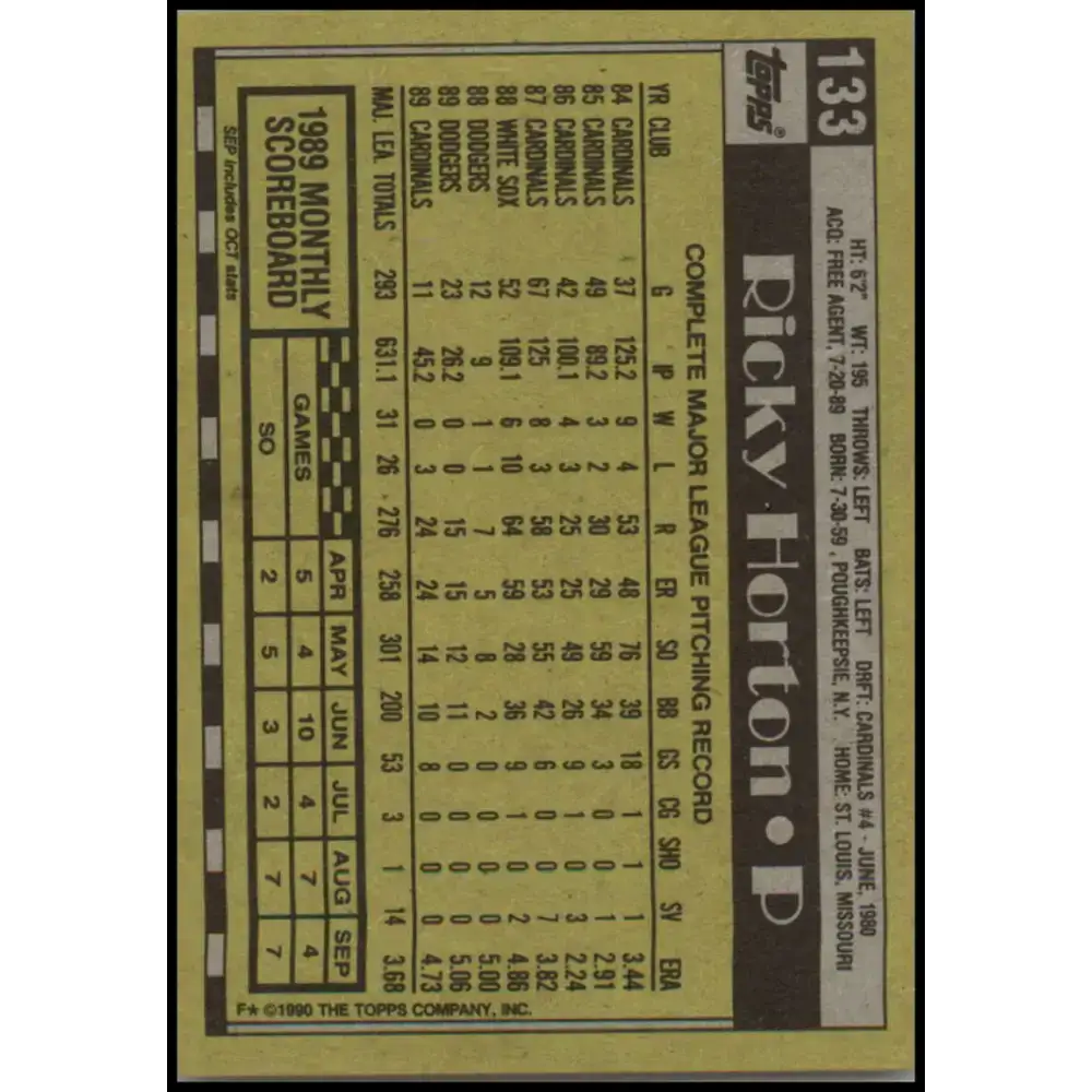 1990 Topps #133 Ricky Horton NM-MT St. Louis Cardinals Baseball Card - Baseball Card Single