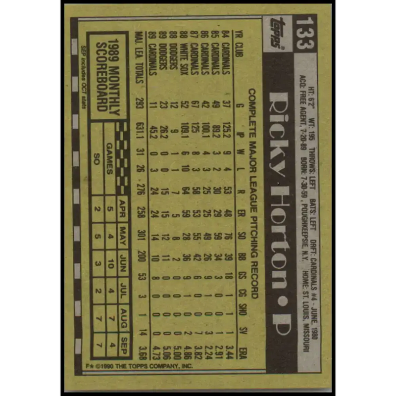 1990 Topps #133 Ricky Horton NM-MT St. Louis Cardinals Baseball Card - Baseball Card Single