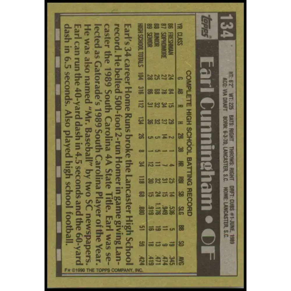 1990 Topps #134 Earl Cunningham FDP NM-MT RC Rookie Chicago Cubs Baseball Card - Baseball Card Single