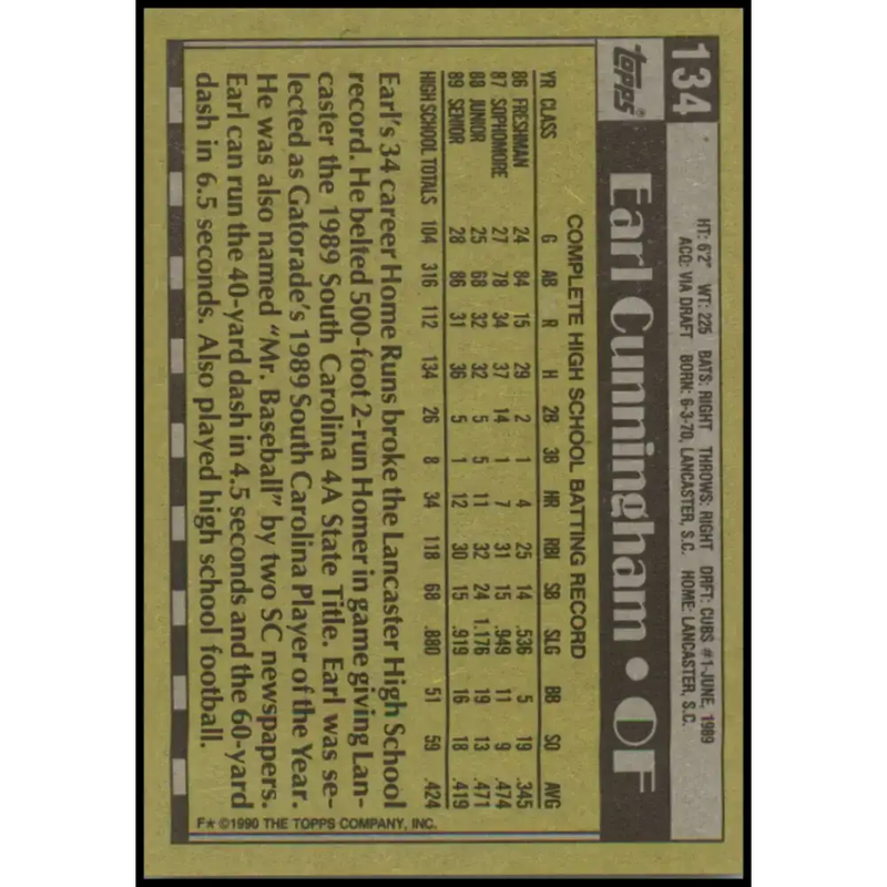 1990 Topps #134 Earl Cunningham FDP NM-MT RC Rookie Chicago Cubs Baseball Card - Baseball Card Single