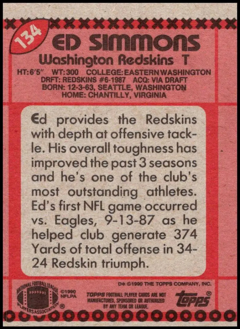 1990 Topps #134 Ed Simmons EX Excellent RC Rookie Washington Redskins Football Card - Football Card Single