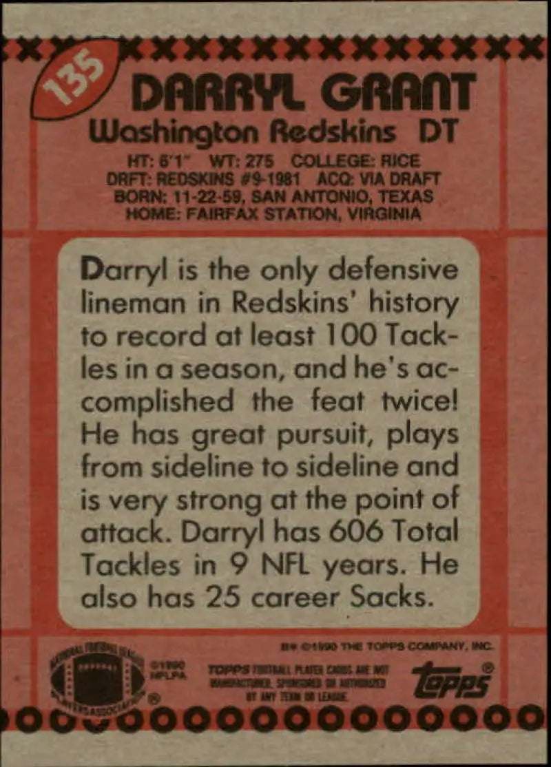 1990 Topps #135 Darryl Grant EX Excellent Washington Redskins Football Card - Football Card Single