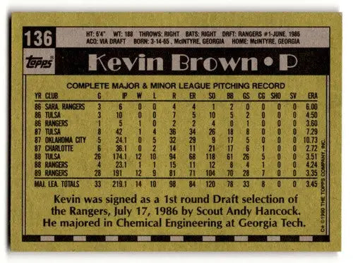 Kevin Brown Texas Rangers baseball card from 1990 Topps #136, EX/NM condition