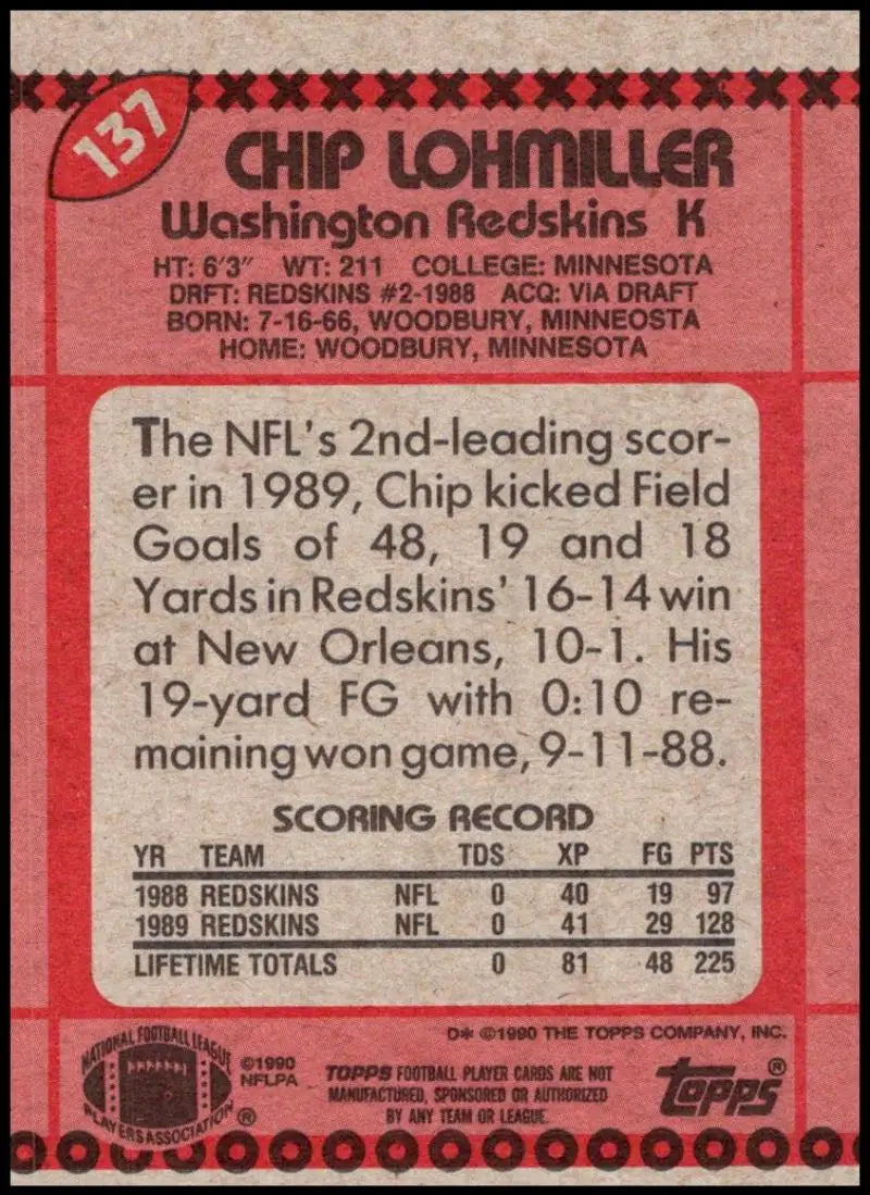1990 Topps #137 Chip Lohmiller EX Excellent Washington Redskins Football Card - Football Card Single
