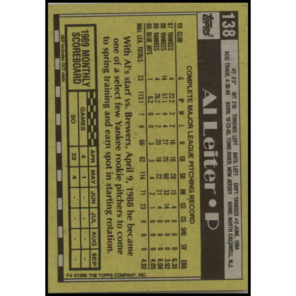 1990 Topps #138 Al Leiter NM-MT Toronto Blue Jays Baseball Card - Baseball Card Single