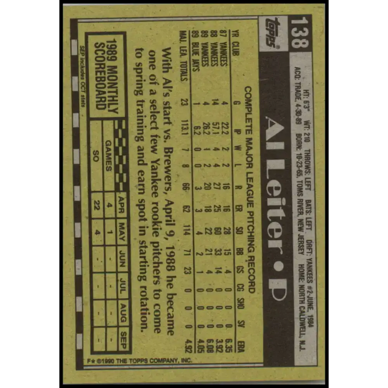 1990 Topps #138 Al Leiter NM-MT Toronto Blue Jays Baseball Card - Baseball Card Single