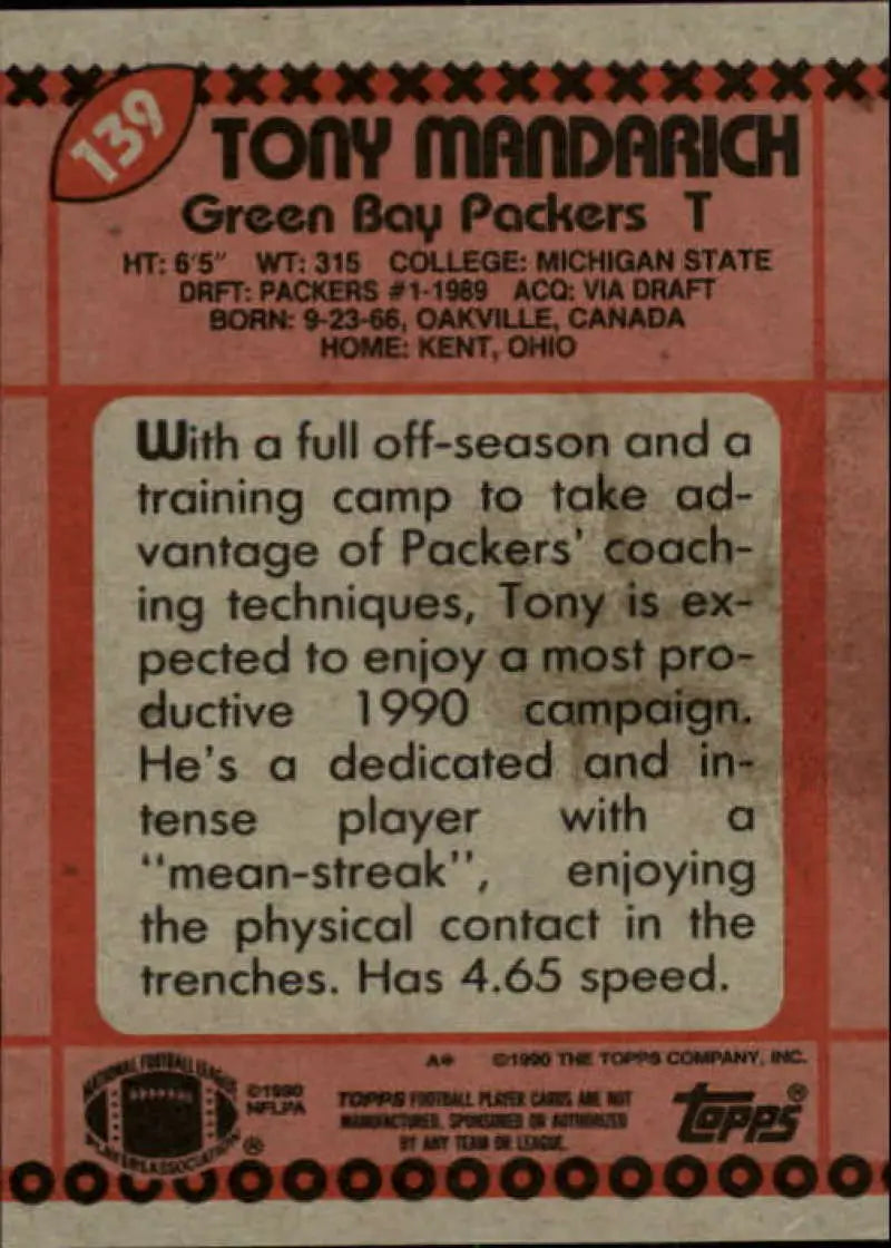 1990 Topps #139 Tony Mandarich EX Excellent Green Bay Packers Football Card - Football Card Single