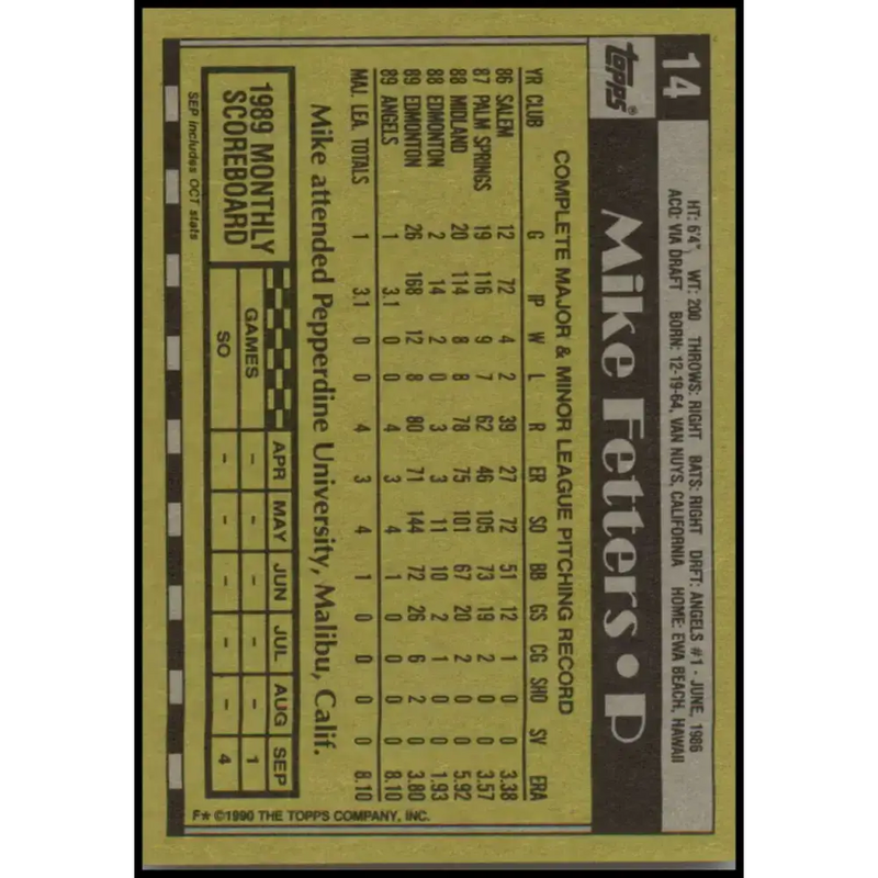1990 Topps #14 Mike Fetters NM-MT RC Rookie California Angels Baseball Card - Baseball Card Single