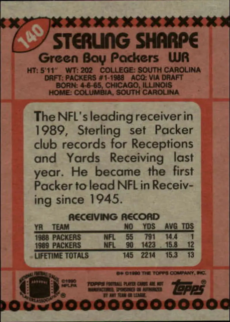 1990 Topps #140 Sterling Sharpe EX Excellent Green Bay Packers Football Card - Football Card Single