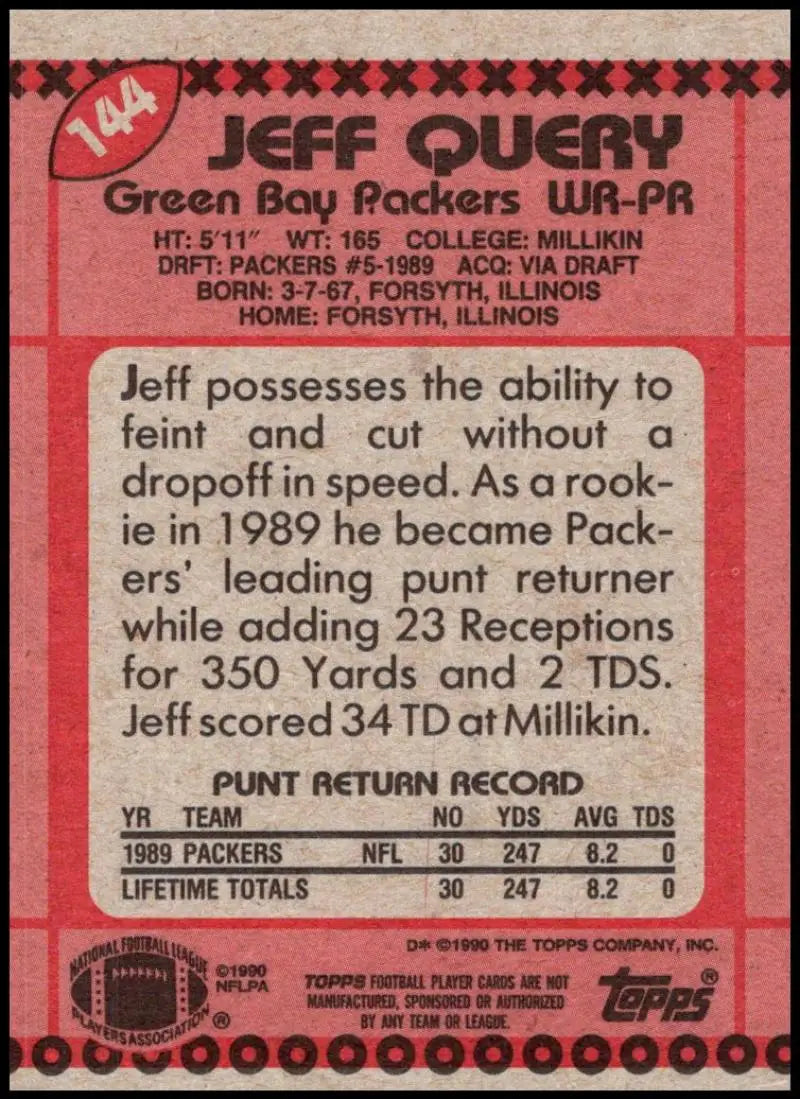 1990 Topps #144 Jeff Query EX Excellent Green Bay Packers Football Card - Football Card Single