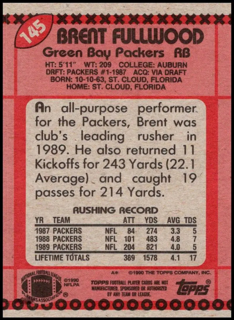 1990 Topps #145 Brent Fullwood EX Excellent Green Bay Packers Football Card - Football Card Single