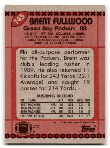 Original gloss Brent Fullwood football card back from 1990 Topps #145 Simply Sandoval