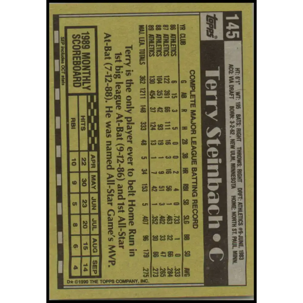 1990 Topps #145 Terry Steinbach NM-MT Oakland Athletics Baseball Card - Baseball Card Single