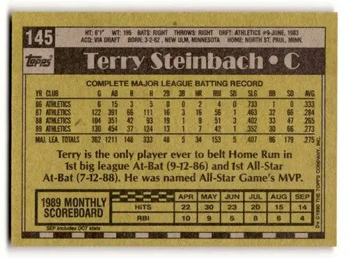 1990 Topps #145 Terry Steinbach Oakland Athletics Baseball Cards EX/ ID:53591 - Baseball Card Single