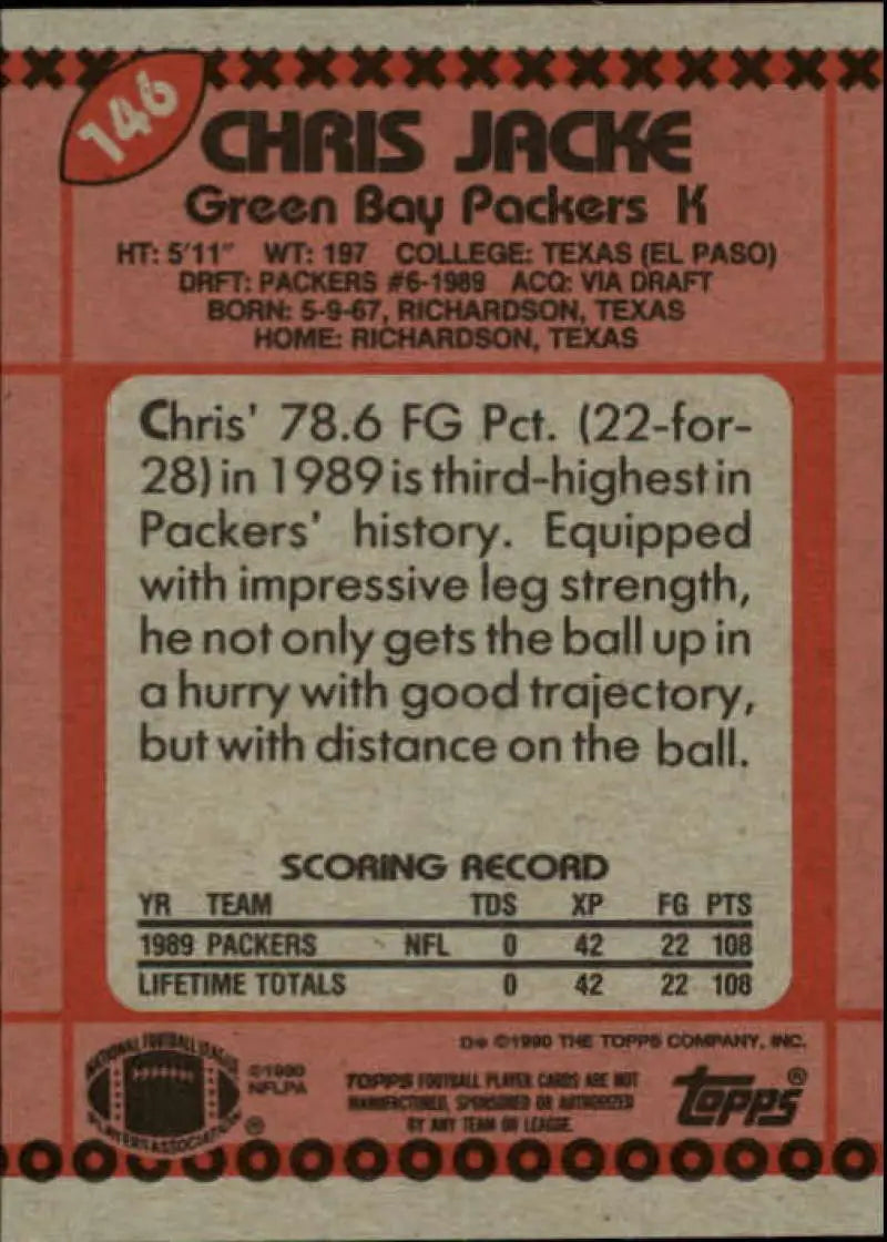 1990 Topps #146 Chris Jacke EX Excellent RC Rookie Green Bay Packers Football Card - Football Card Single
