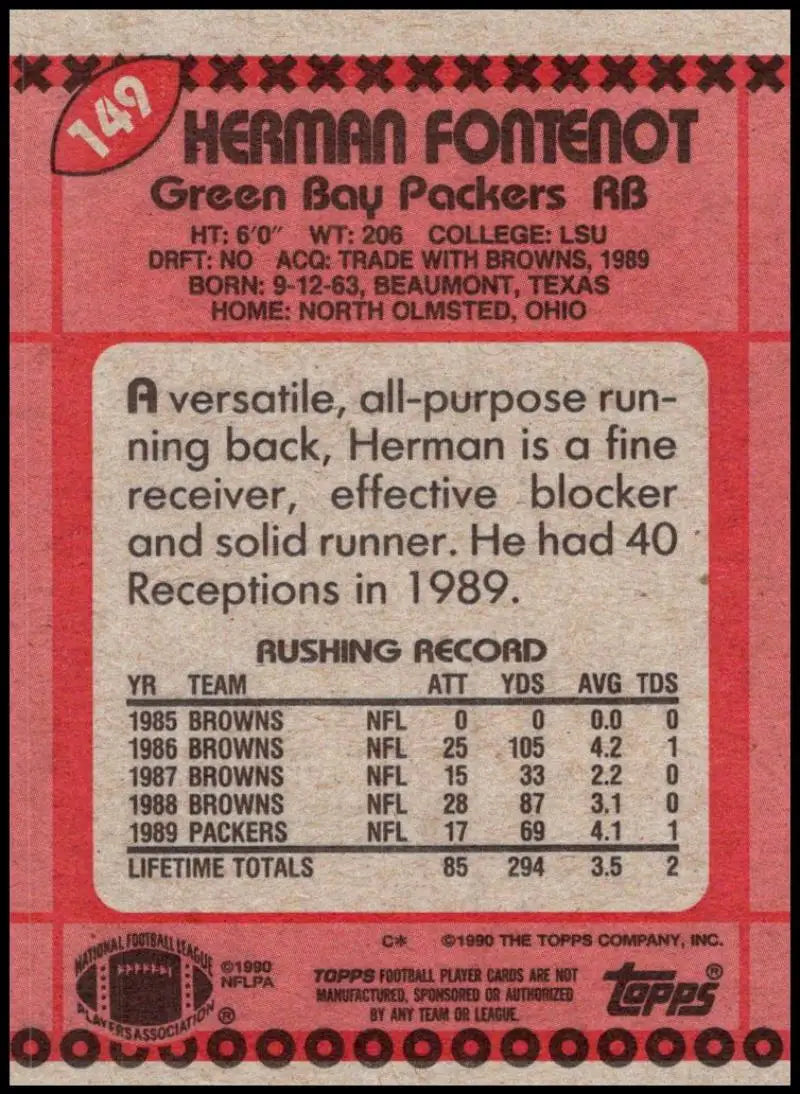 1990 Topps #149 Herman Fontenot EX Excellent Green Bay Packers Football Card - Football Card Single