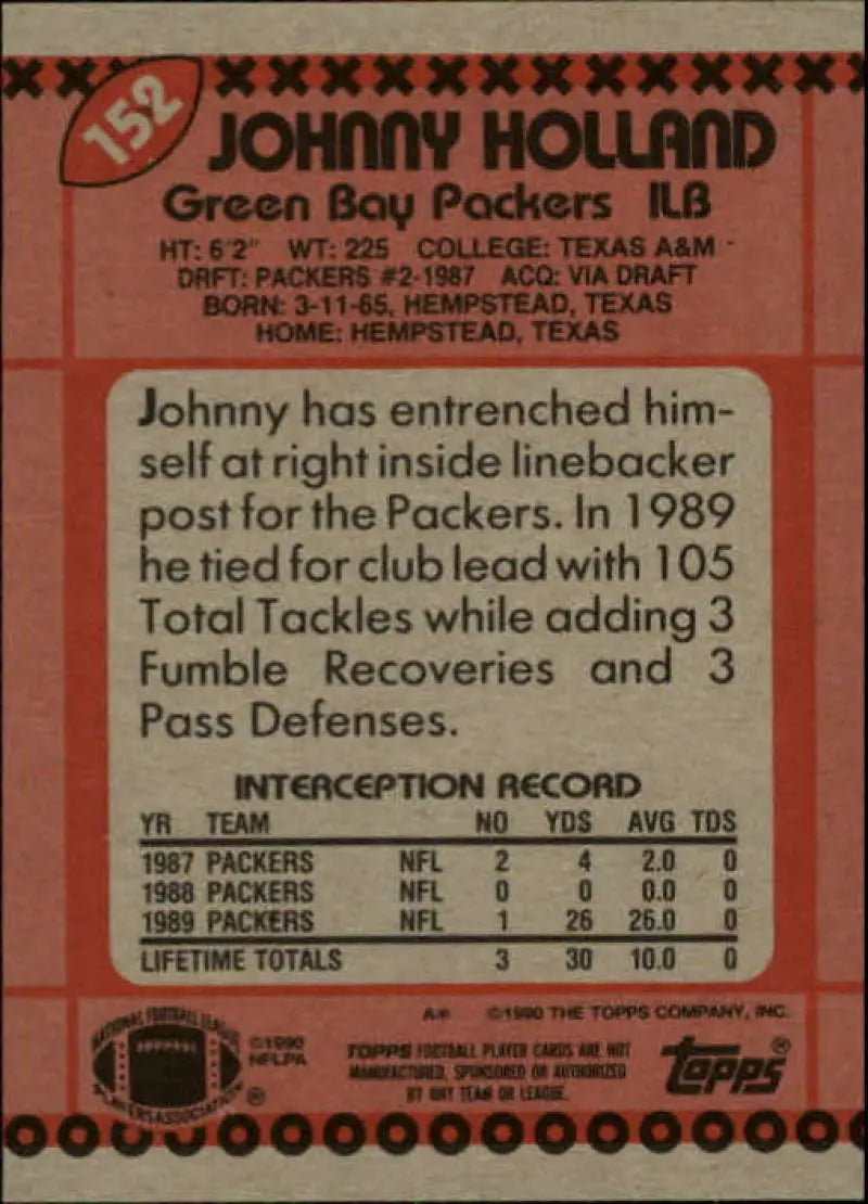 1990 Topps #152 Johnny Holland EX Excellent Green Bay Packers Football Card - Football Card Single